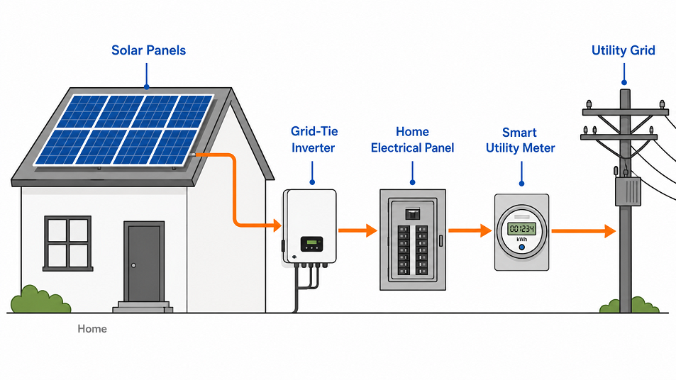 Diagram showing how solar panels connect to a grid-tie inverter, smart meter, and utility grid in an on-grid solar system